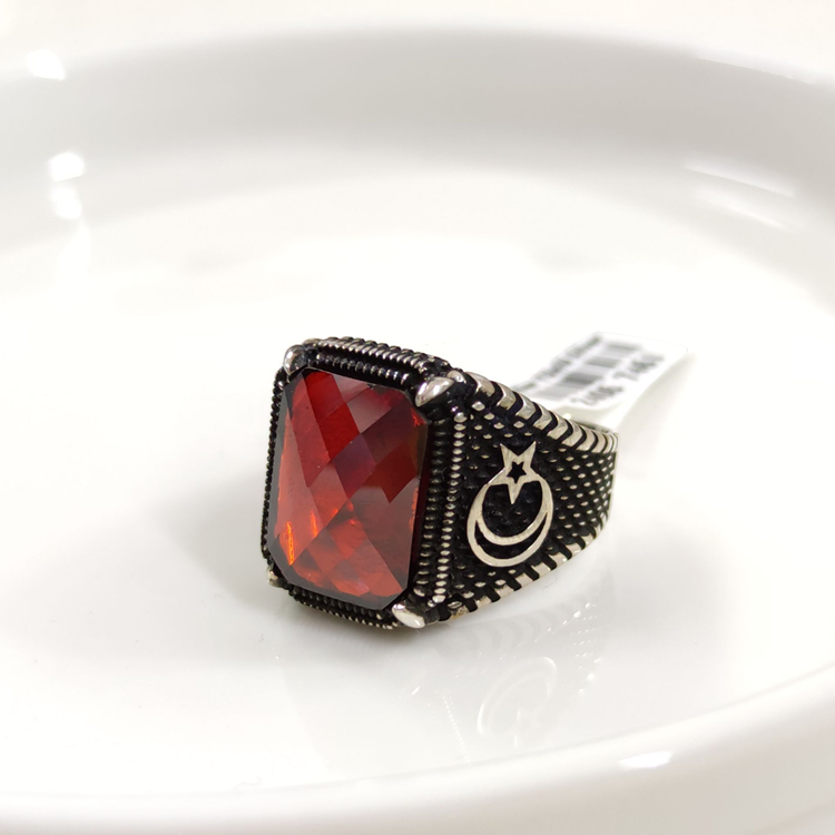 KIRMIZI TAŞLI AY YILDIZ GÜMÜŞ ERKEK YÜZÜK