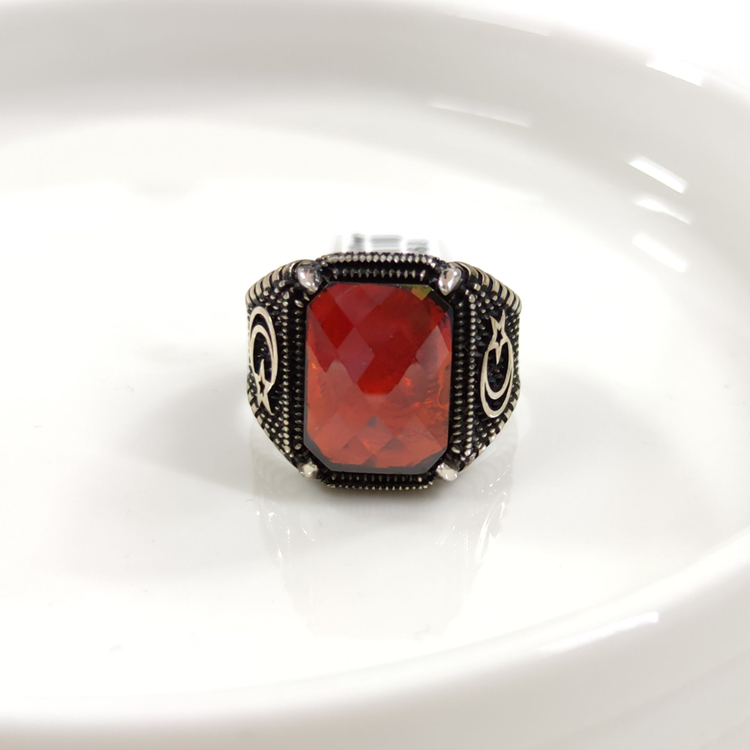 KIRMIZI TAŞLI AY YILDIZ GÜMÜŞ ERKEK YÜZÜK