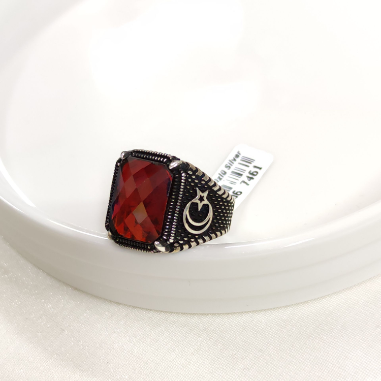 KIRMIZI TAŞLI AY YILDIZ GÜMÜŞ ERKEK YÜZÜK