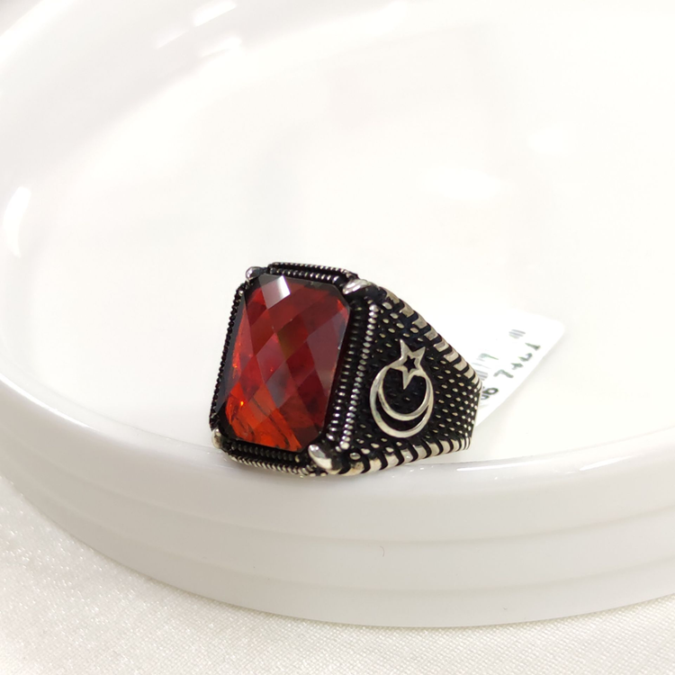 KIRMIZI TAŞLI AY YILDIZ GÜMÜŞ ERKEK YÜZÜK