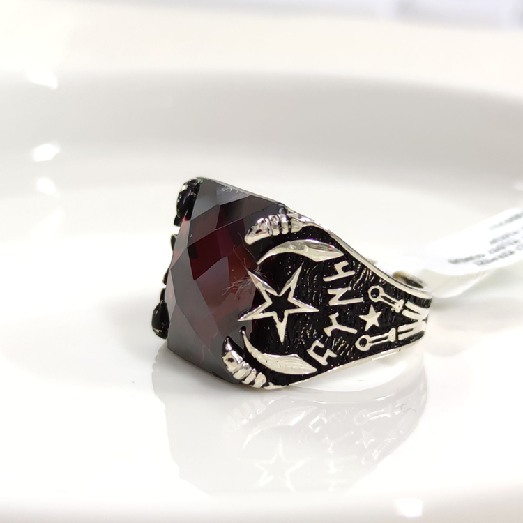 TÜRK YAZILI KIRMIZI TAŞLI AY YILDIZ GÜMÜŞ ERKEK YÜZÜK