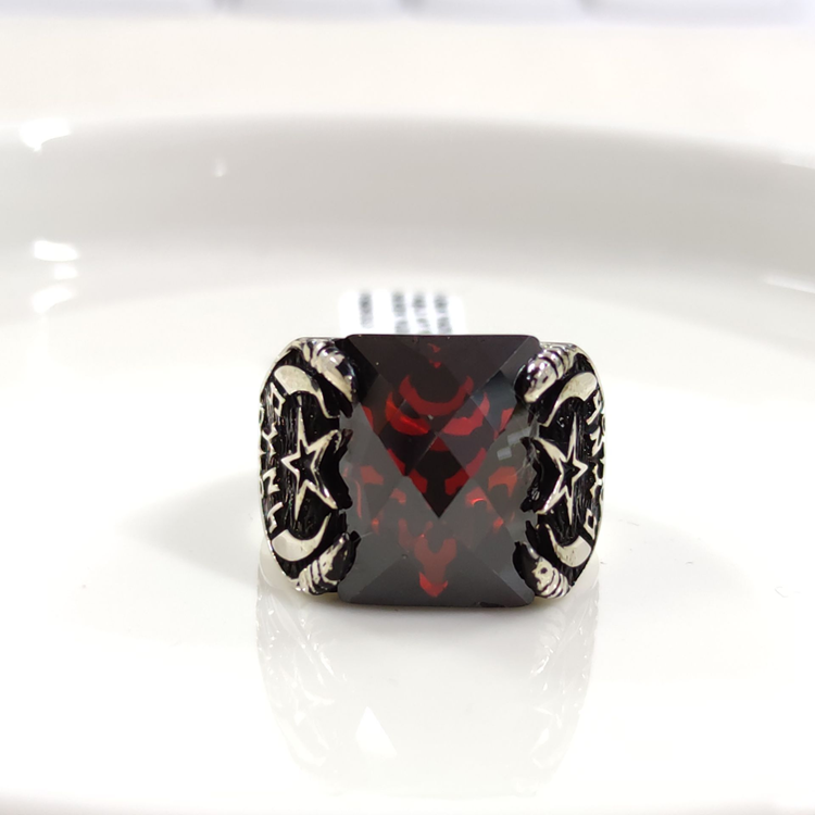 TÜRK YAZILI KIRMIZI TAŞLI AY YILDIZ GÜMÜŞ ERKEK YÜZÜK