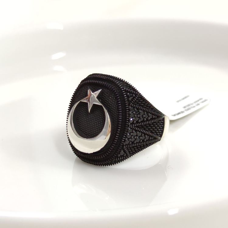OVAL AY YILDIZ GÜMÜŞ ERKEK YÜZÜK