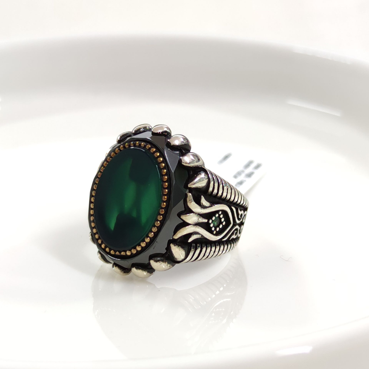 OVAL YEŞİL TAŞLI GÜMÜŞ ERKEK YÜZÜK