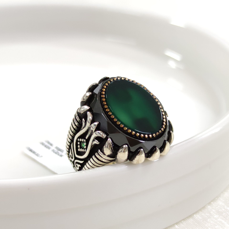 OVAL YEŞİL TAŞLI GÜMÜŞ ERKEK YÜZÜK