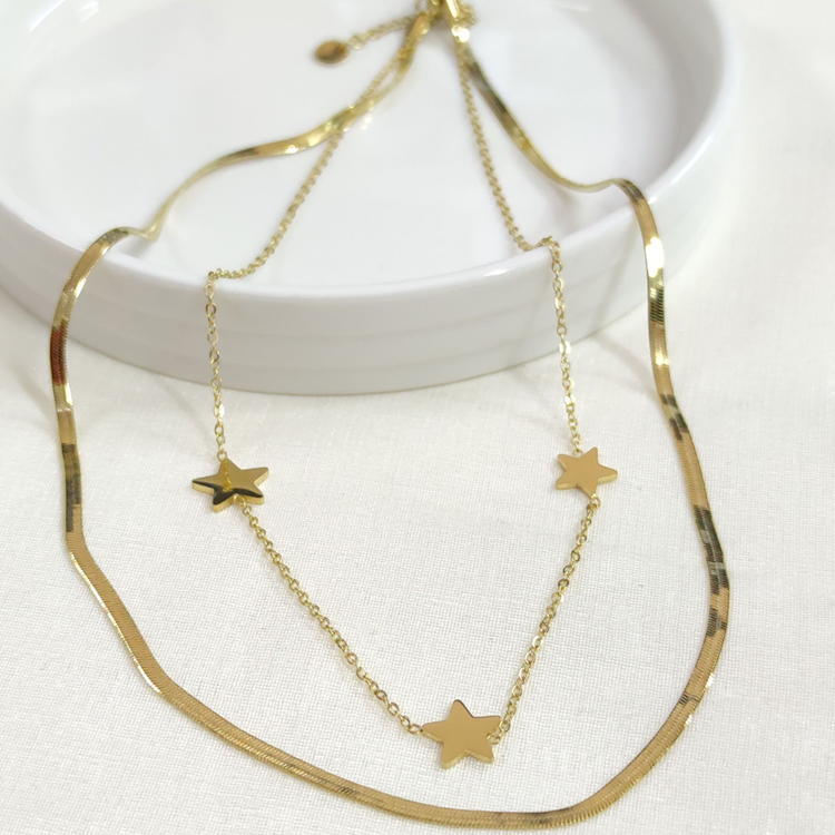 ÇELİK YASSI ZİNCİR YILDIZ KOMBİN İKİLİ KOLYE