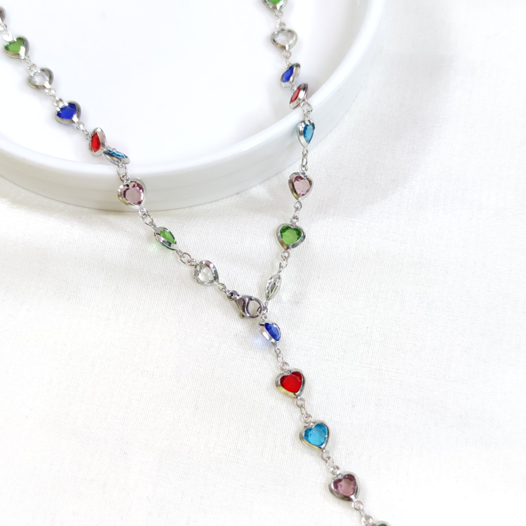 ÇELİK RENKLİ KALP Y KOLYE ZİNCİR GOLD 70 CM