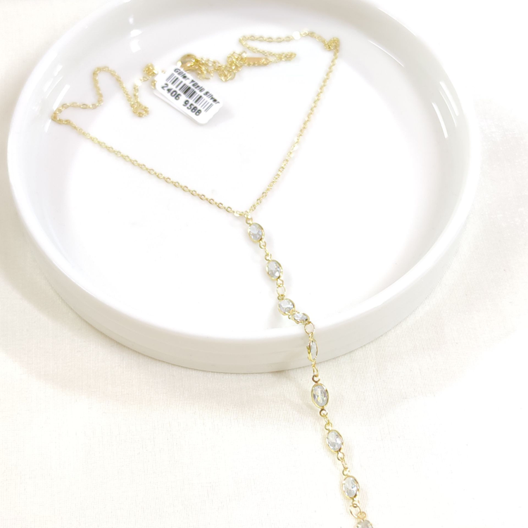 ÇELİK OVAL TAŞLI Y KOLYE ZİNCİR GOLD 40+5 CM