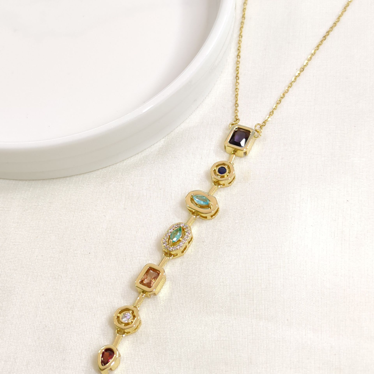 ÇELİK ASİMETRİK TAŞLI Y KOLYE ZİNCİR GOLD 40+5 CM