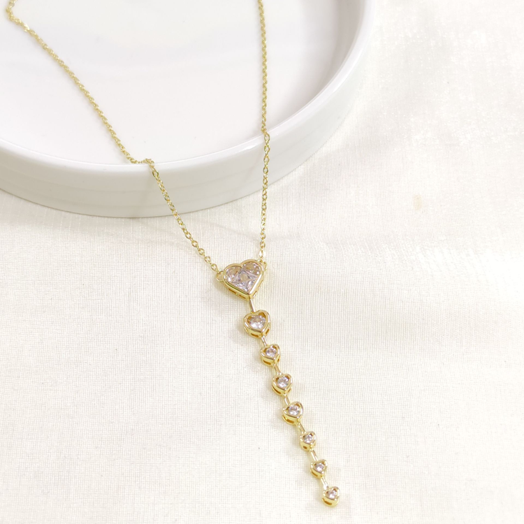 ÇELİK KALP TAŞLI Y KOLYE ZİNCİR GOLD 40+5 CM