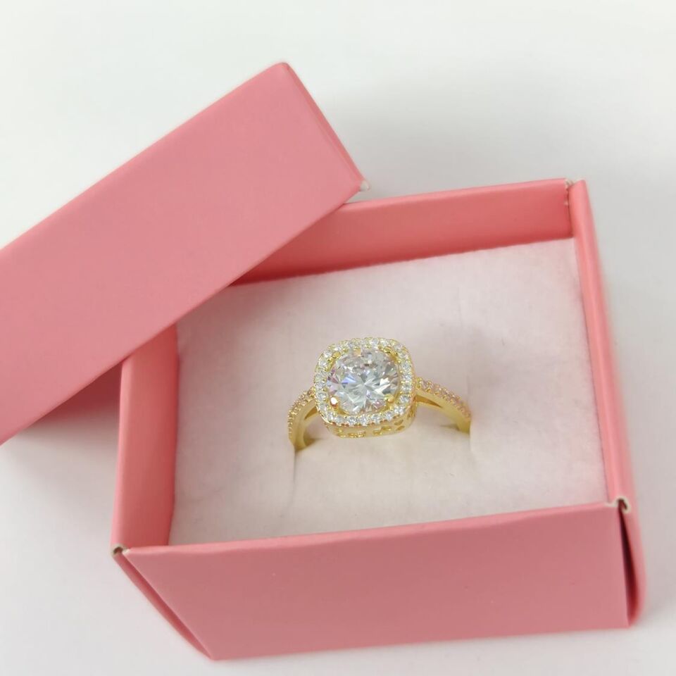 KARE TAŞLI TEK TAŞ GÜMÜŞ YÜZÜK ALTIN SARI - 15