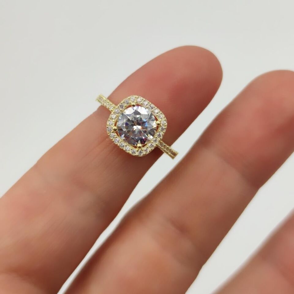 KARE TAŞLI TEK TAŞ GÜMÜŞ YÜZÜK ALTIN SARI - 15