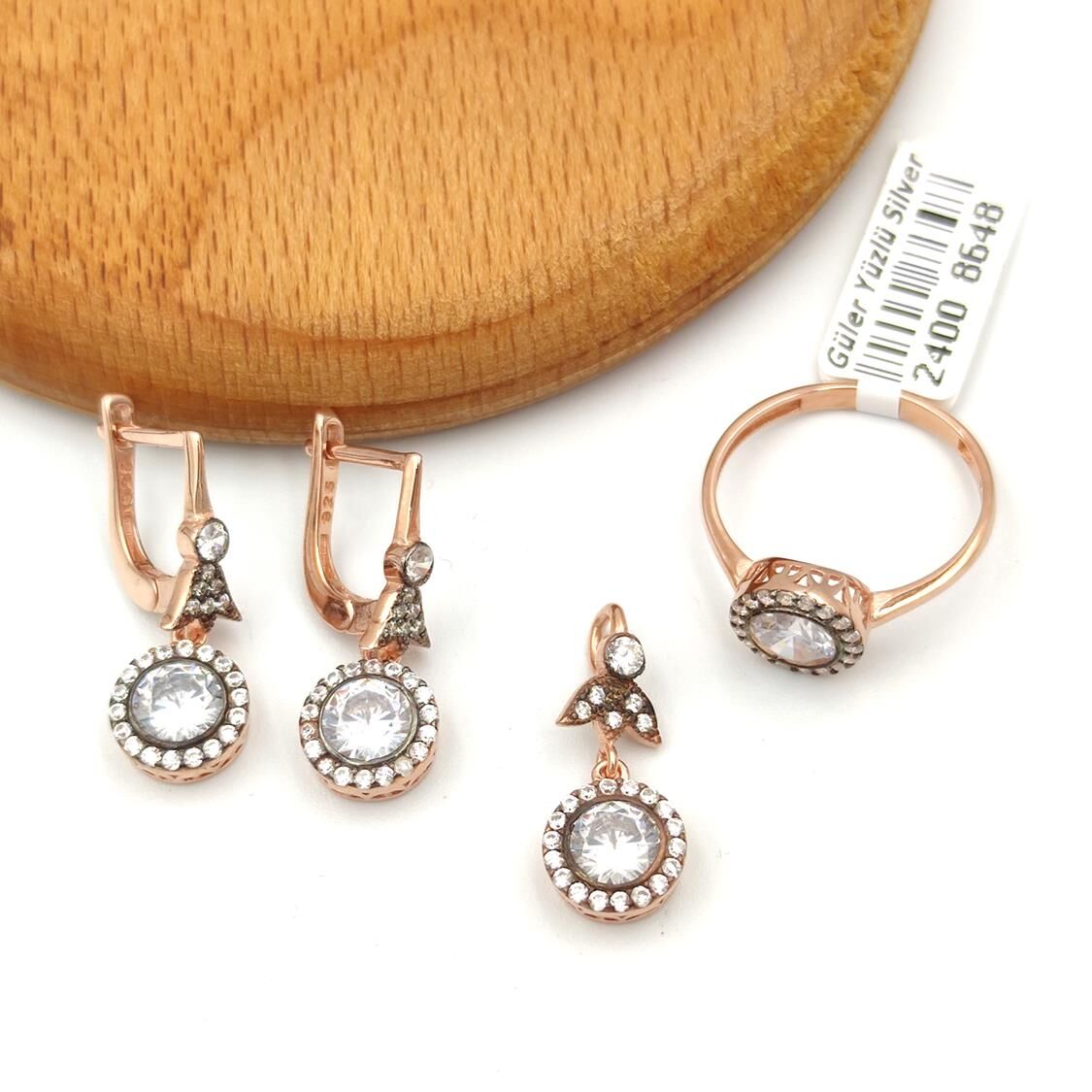 ELMAS MONTÜR TEK TAŞ GÜMÜŞ ÜÇLÜ SET ROSE BAKIR - 15