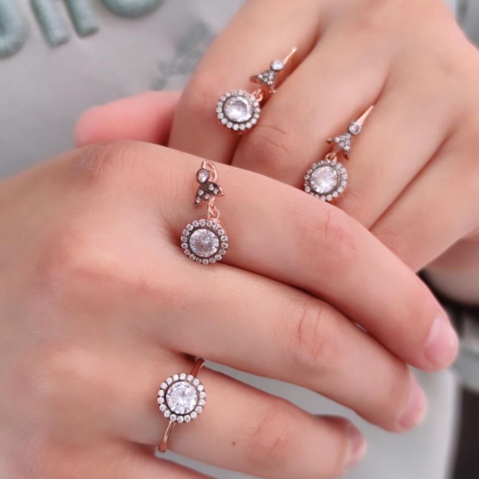 ELMAS MONTÜR TEK TAŞ GÜMÜŞ ÜÇLÜ SET ROSE BAKIR - 15