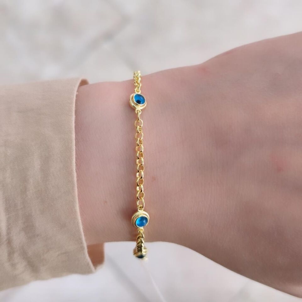 CAM GÖZ NAZAR DOÇ GÜMÜŞ BİLEKLİK ALTIN SARI - STD