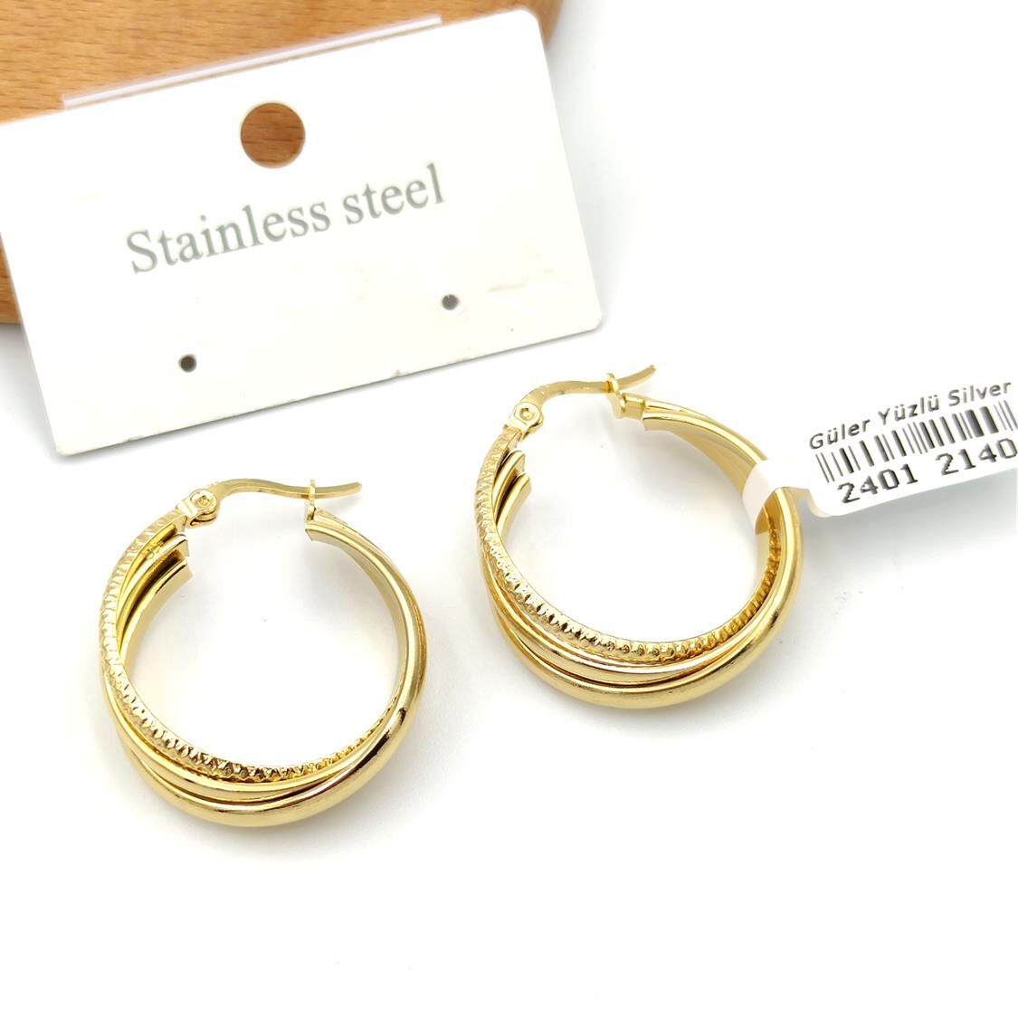 ÇELİK ÜÇLÜ BİRLEŞİK HALKA KÜPE ALTIN SARI - STD