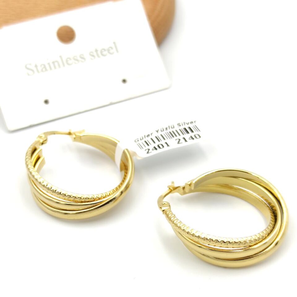 ÇELİK ÜÇLÜ BİRLEŞİK HALKA KÜPE ALTIN SARI - STD