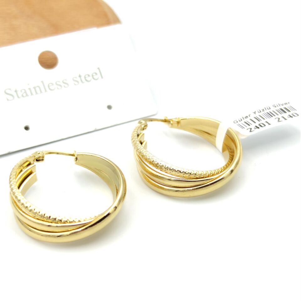 ÇELİK ÜÇLÜ BİRLEŞİK HALKA KÜPE ALTIN SARI - STD