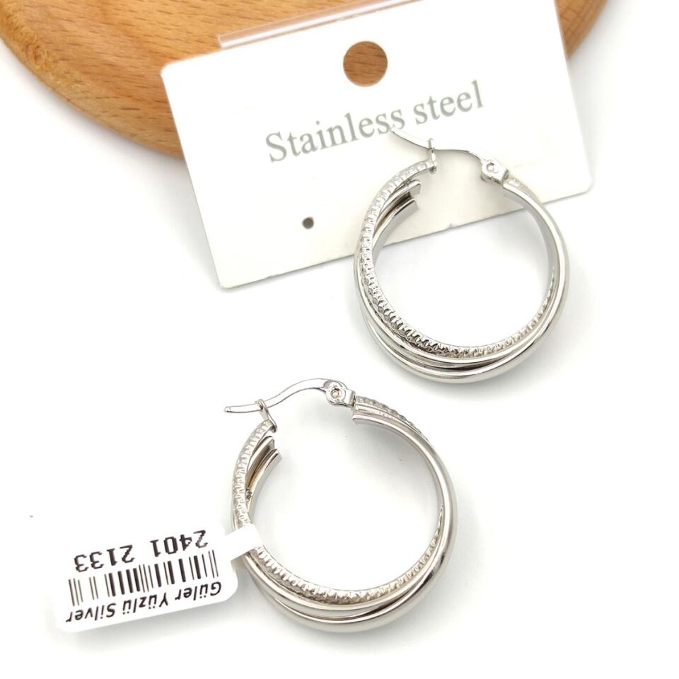 ÇELİK ÜÇLÜ BİRLEŞİK HALKA KÜPE BEYAZ - STD