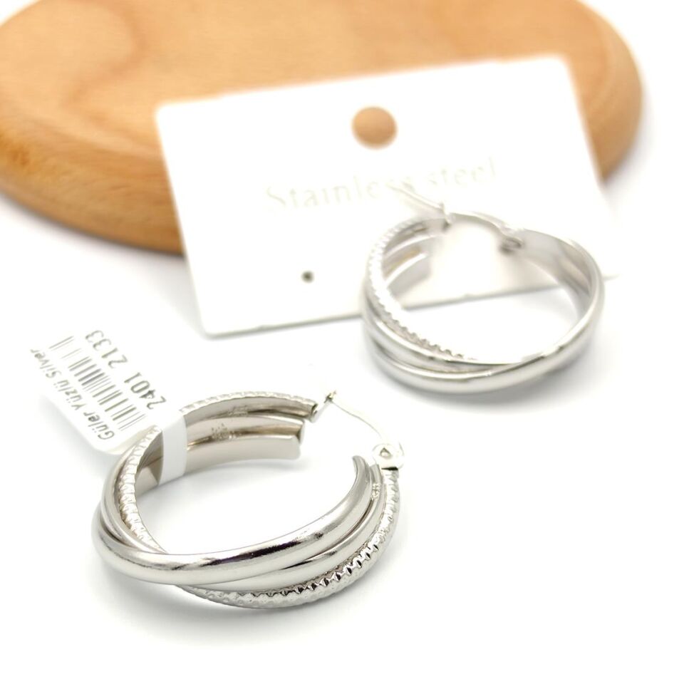 ÇELİK ÜÇLÜ BİRLEŞİK HALKA KÜPE BEYAZ - STD