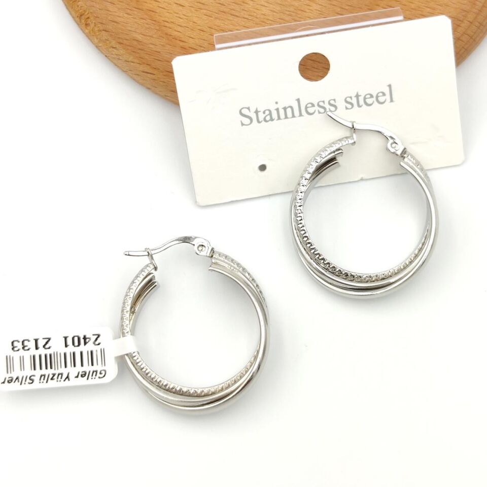 ÇELİK ÜÇLÜ BİRLEŞİK HALKA KÜPE BEYAZ - STD