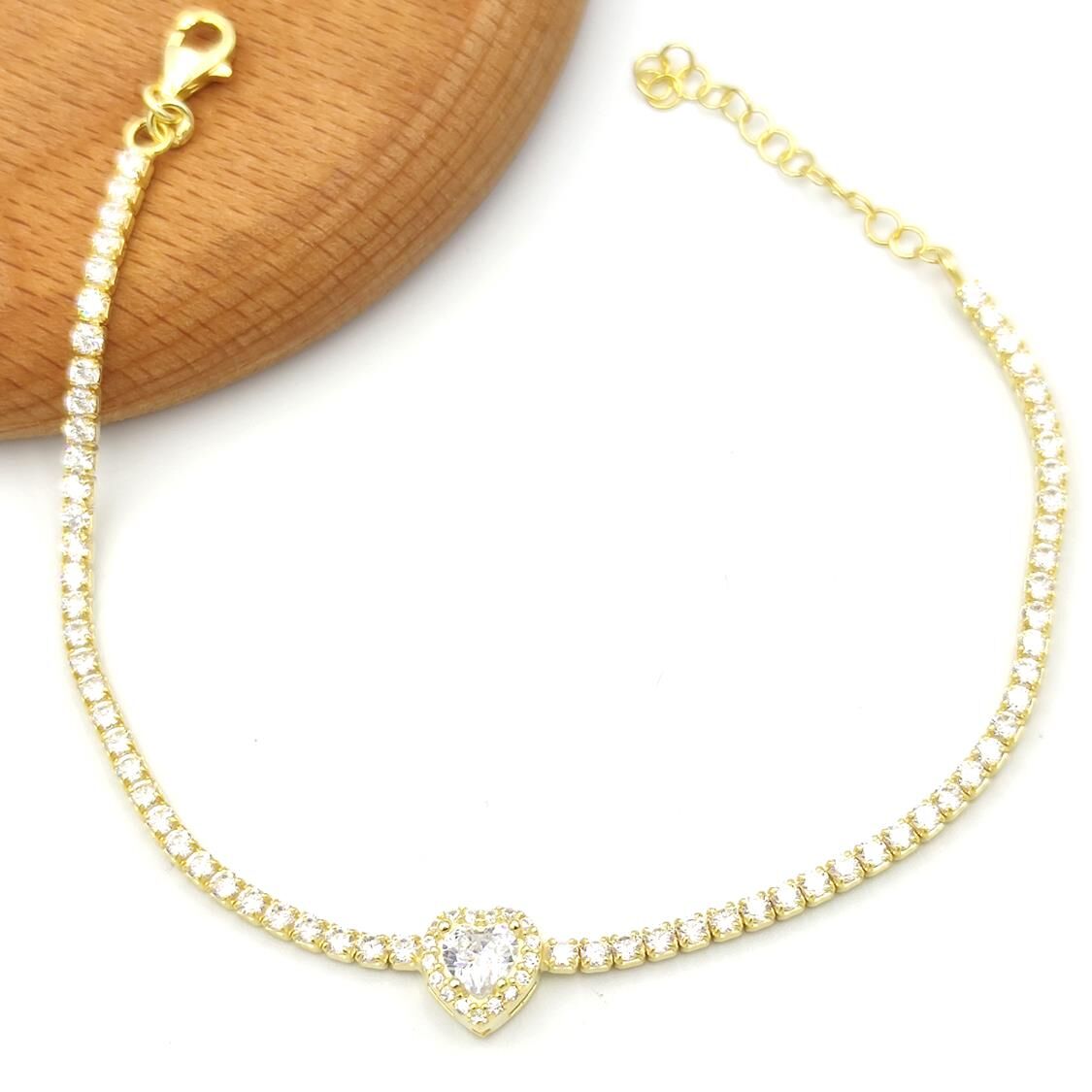 ZİRKON TAŞLI KALP SU YOLU GÜMÜŞ BİLEKLİK ALTIN SARI - STD