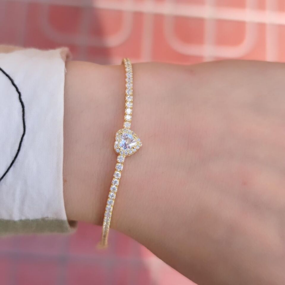 ZİRKON TAŞLI KALP SU YOLU GÜMÜŞ BİLEKLİK ALTIN SARI - STD