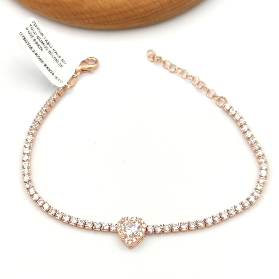 ZİRKON TAŞLI KALP SU YOLU GÜMÜŞ BİLEKLİK ROSE BAKIR - STD
