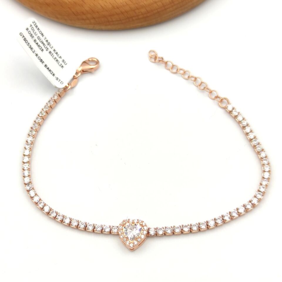 ZİRKON TAŞLI KALP SU YOLU GÜMÜŞ BİLEKLİK ROSE BAKIR - STD