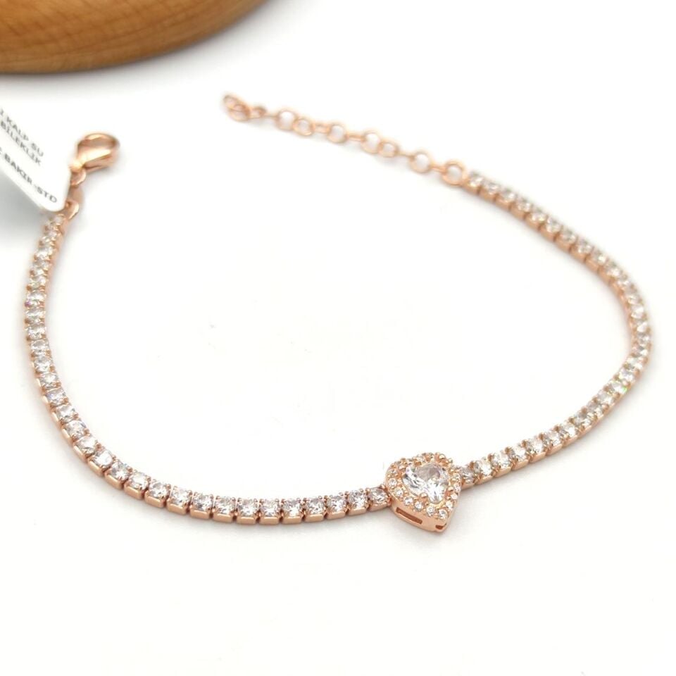 ZİRKON TAŞLI KALP SU YOLU GÜMÜŞ BİLEKLİK ROSE BAKIR - STD