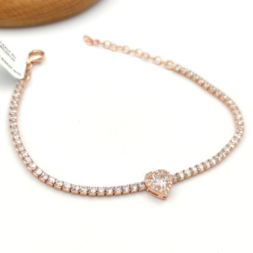 ZİRKON TAŞLI KALP SU YOLU GÜMÜŞ BİLEKLİK ROSE BAKIR - STD