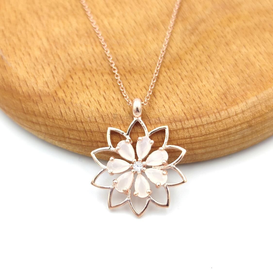 PUDRA ZİRKON TAŞLI PAPATYA ÇİÇEK GÜMÜŞ KOLYE ROSE BAKIR - STD