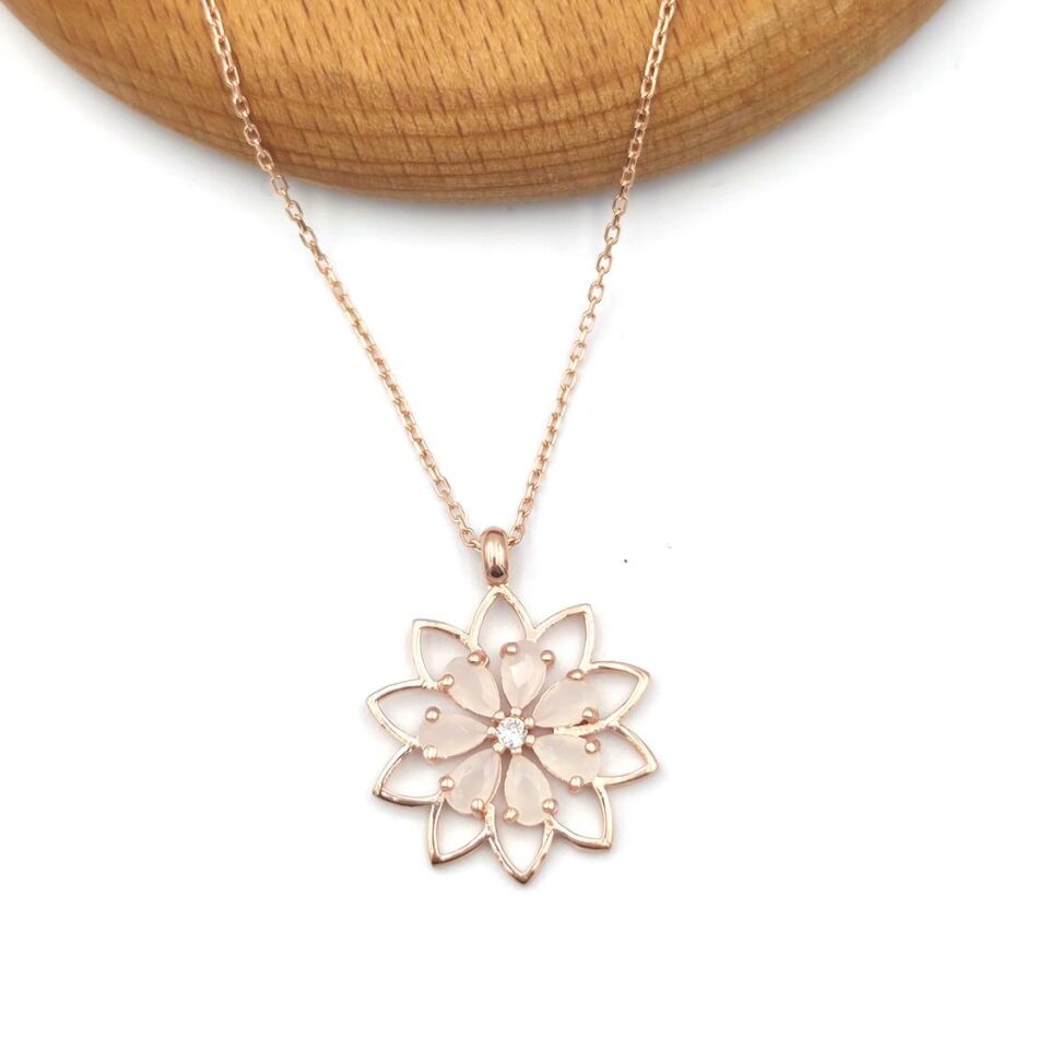 PUDRA ZİRKON TAŞLI PAPATYA ÇİÇEK GÜMÜŞ KOLYE ROSE BAKIR - STD