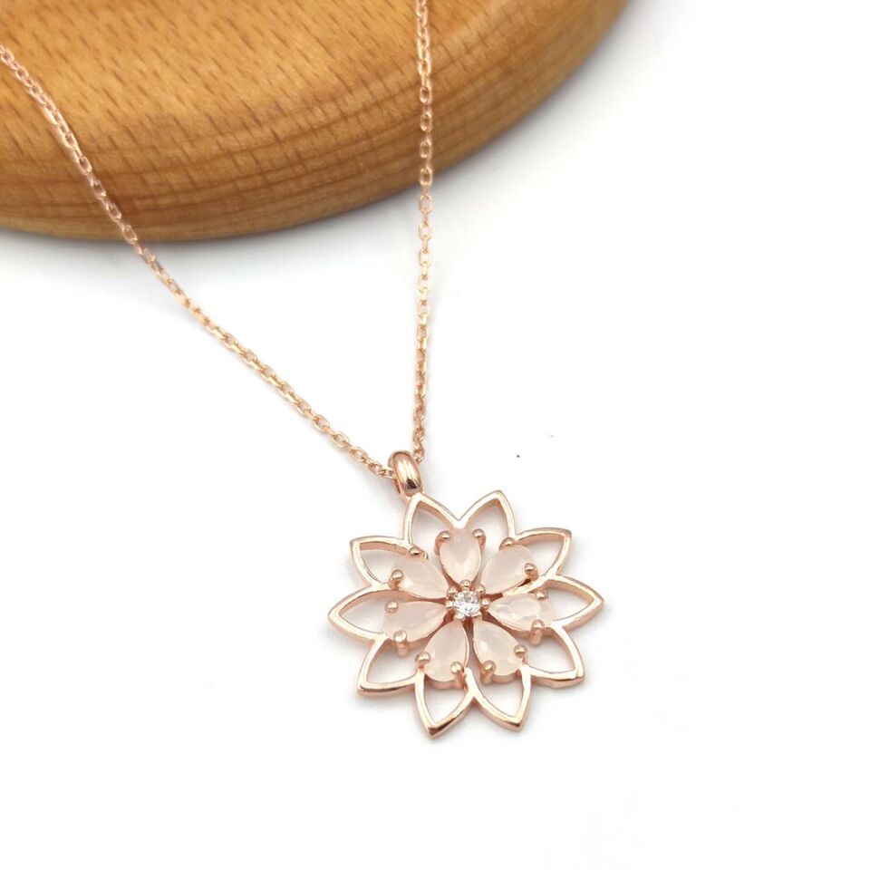 PUDRA ZİRKON TAŞLI PAPATYA ÇİÇEK GÜMÜŞ KOLYE ROSE BAKIR - STD