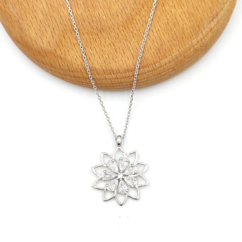 ZİRKON TAŞLI PAPATYA ÇİÇEK GÜMÜŞ KOLYE RODYUM BEYAZ - STD