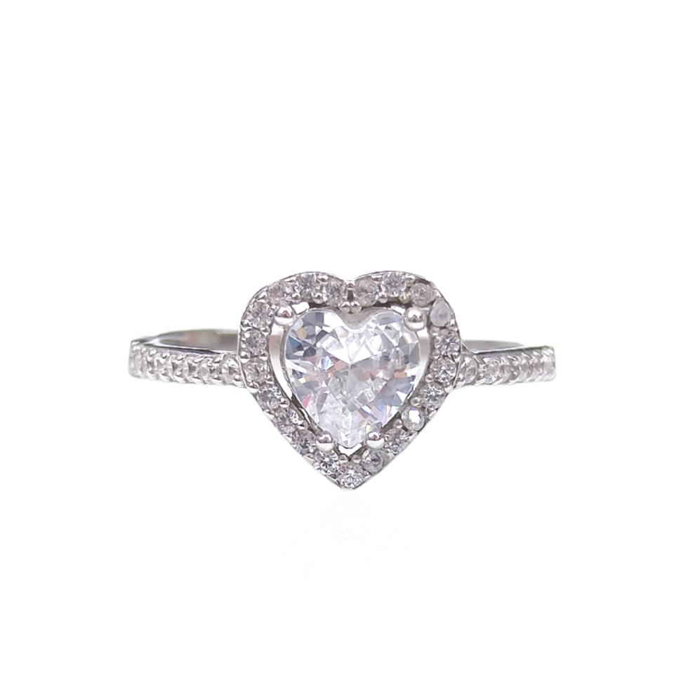 ZİRKON TAŞLI KALP GÜMÜŞ YÜZÜK RODYUM BEYAZ - 18