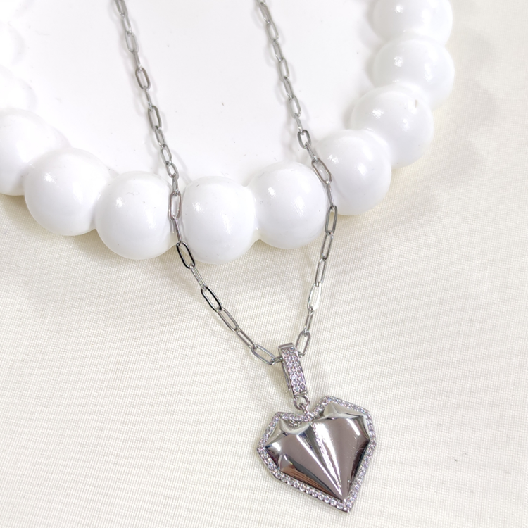 ÇELİK ATAÇ ZİNCİRLİ KALP KOLYE 45+5 CM BEYAZ - STD