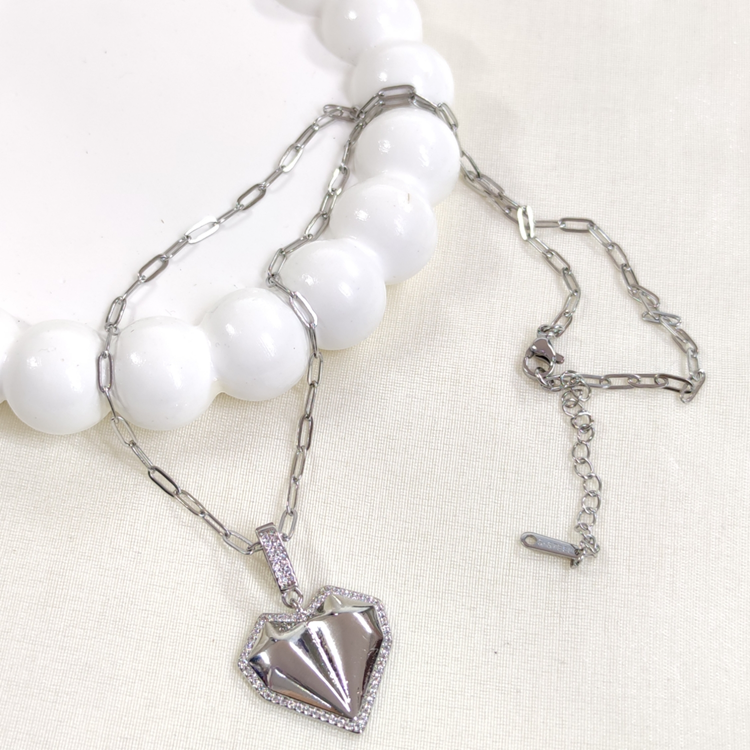 ÇELİK ATAÇ ZİNCİRLİ KALP KOLYE 45+5 CM BEYAZ - STD