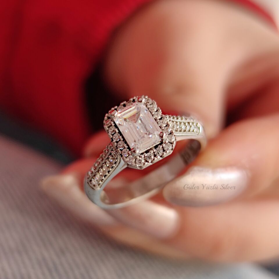 KENARLARI TAŞLI BAGET GÜMÜŞ YÜZÜK RODYUM BEYAZ - 19