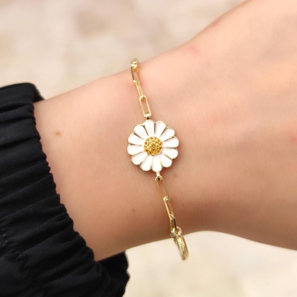 MİNELİ PAPATYA GÜMÜŞ BİLEKLİK ALTIN SARI - STD