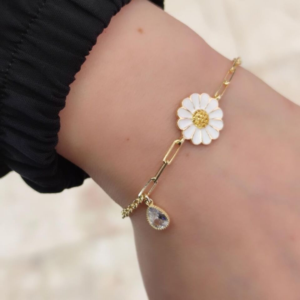 MİNELİ PAPATYA GÜMÜŞ BİLEKLİK ALTIN SARI - STD