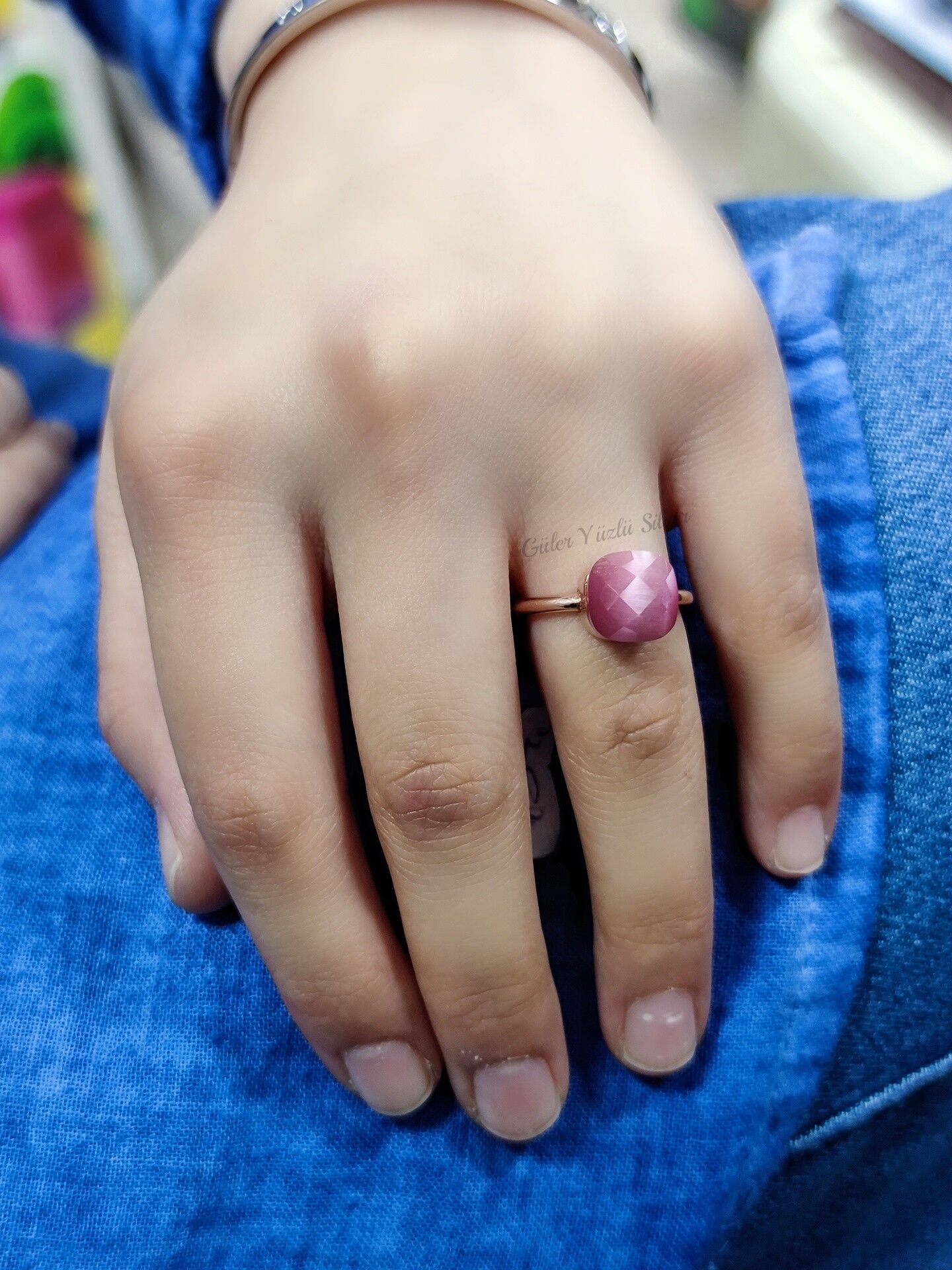 PEMBE KEDİ GÖZÜ TAŞLI GÜMÜŞ YÜZÜK-14 NUMARA