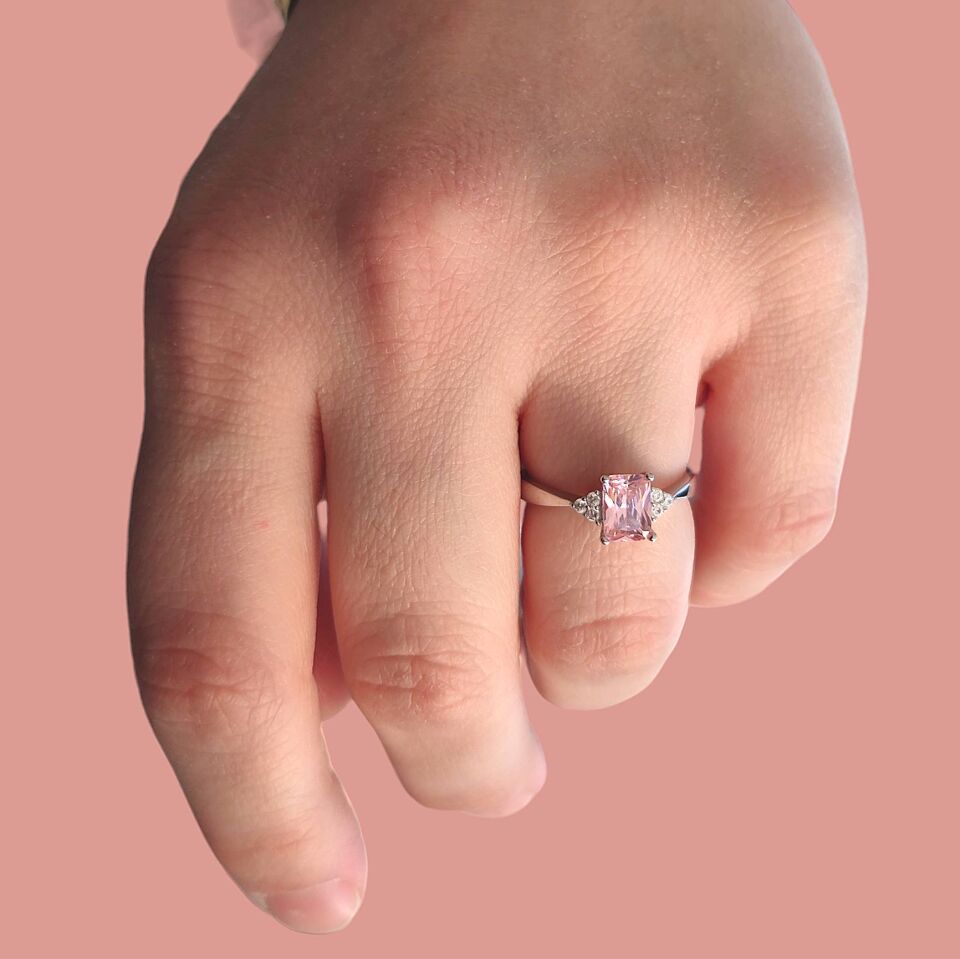 PEMBE TEKTAŞ BAGET GÜMÜŞ YÜZÜK RODYUM BEYAZ - 13