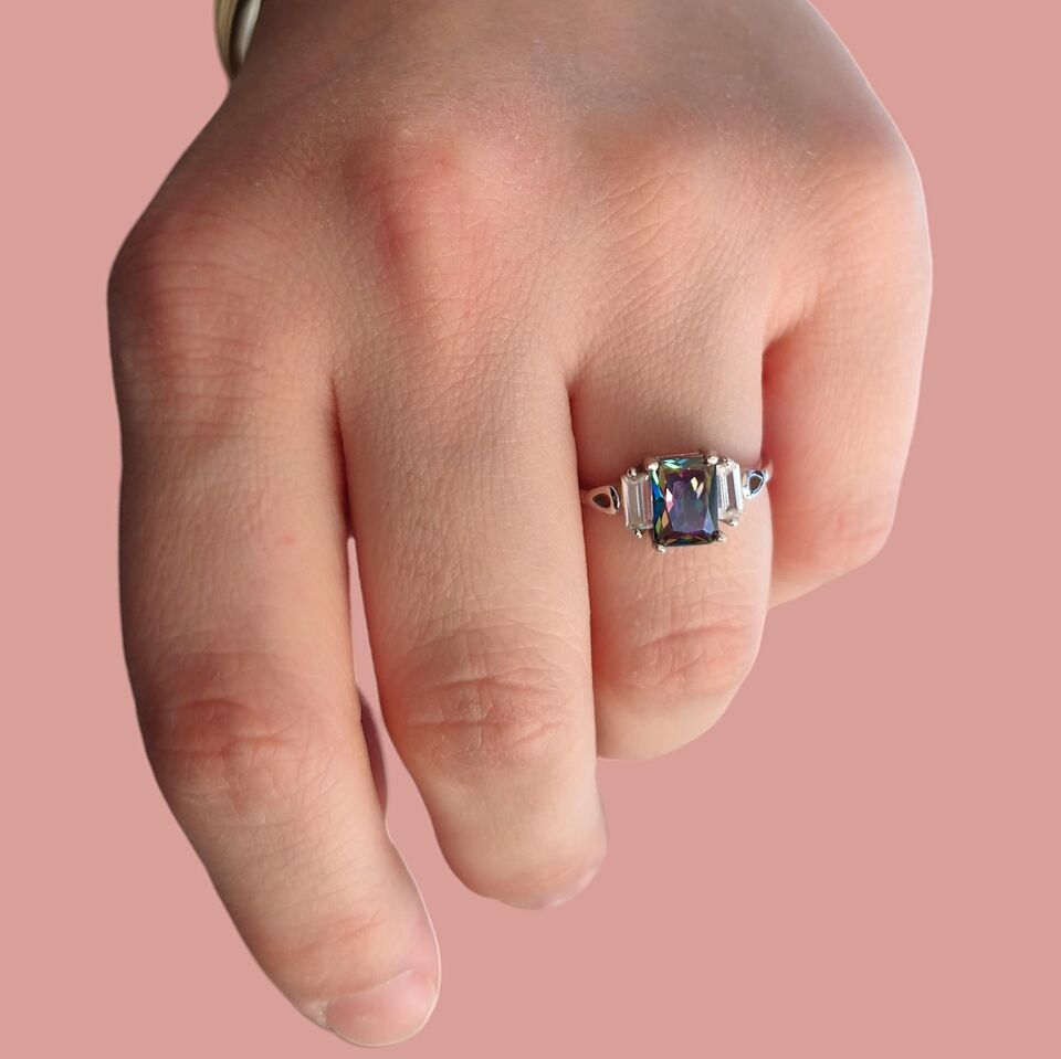 MİSTİK TOPAZ BAGET GÜMÜŞ YÜZÜK RODYUM BEYAZ - 16