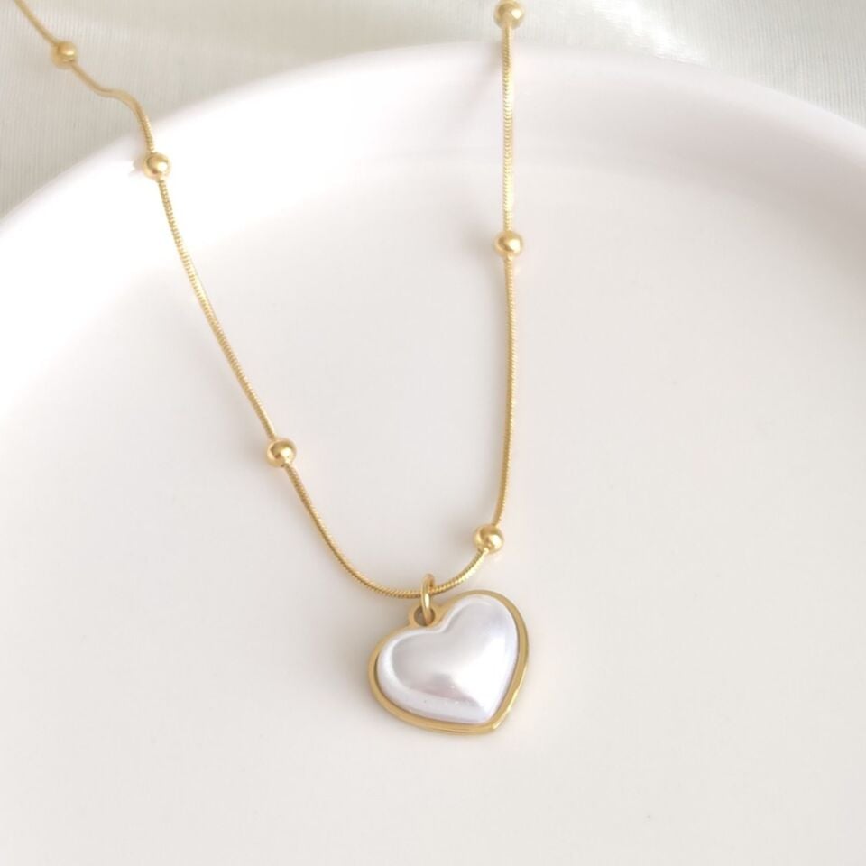 ÇELİK TOP ZİNCİRLİ BEYAZ KALP KOLYE ALTIN SARI - STD