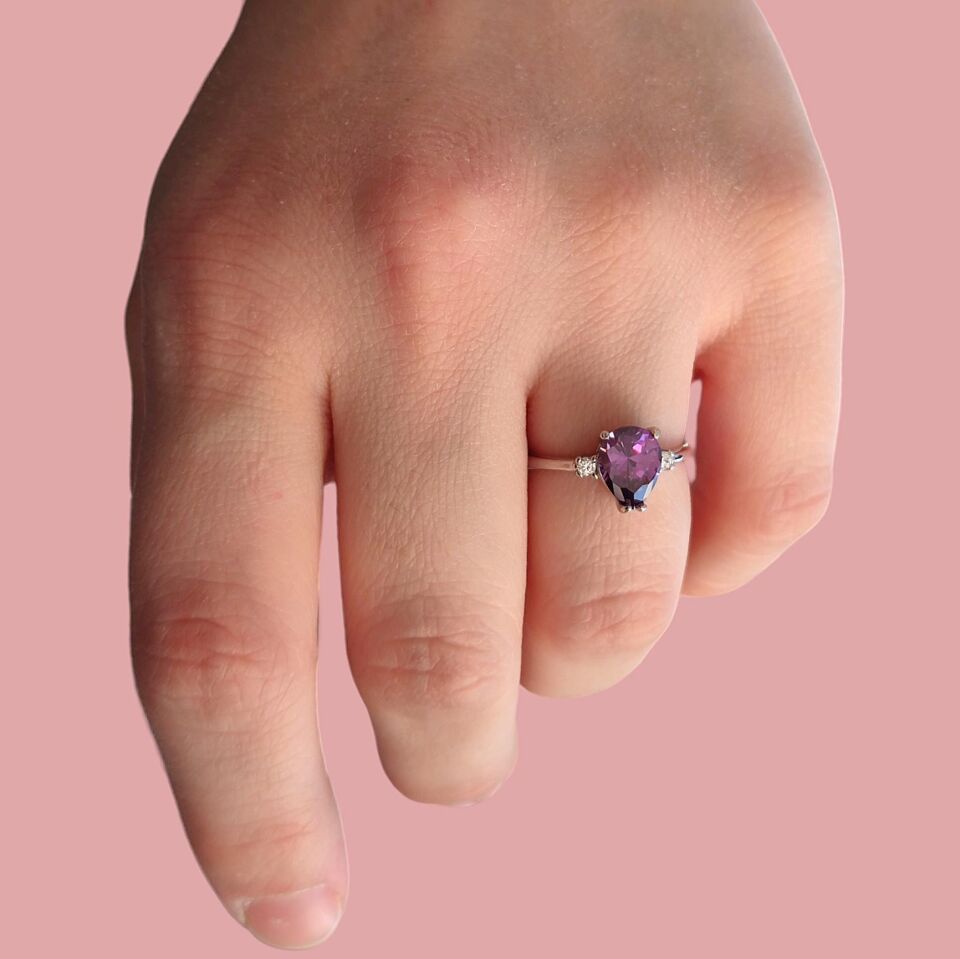 AMETİST ZİRKON DAMLA GÜMÜŞ YÜZÜK RODYUM BEYAZ - 15