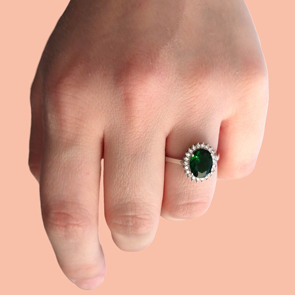 ZÜMRÜT ZİRKON OVAL GÜMÜŞ YÜZÜK RODYUM BEYAZ - 19