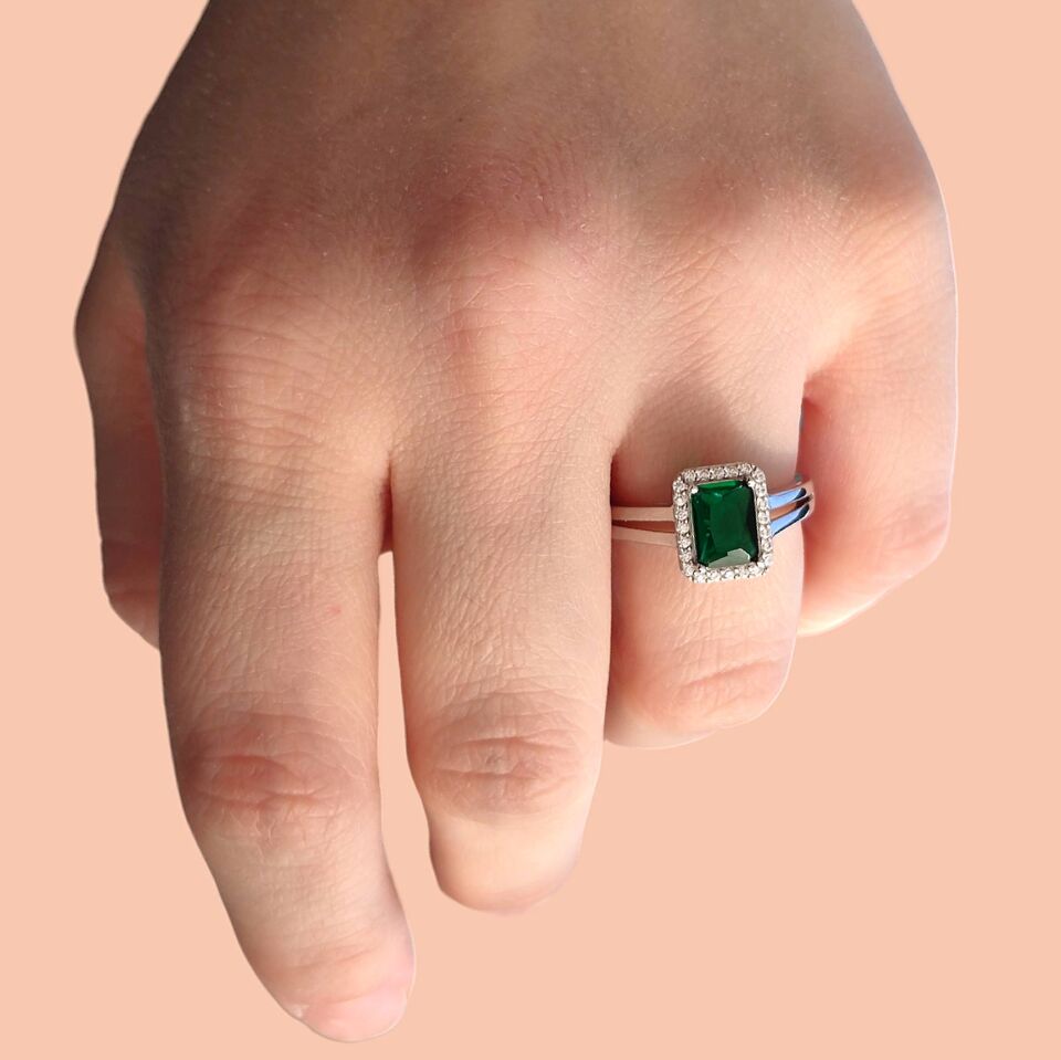 ZÜMRÜT ZİRKON BAGET GÜMÜŞ YÜZÜK RODYUM BEYAZ - 17