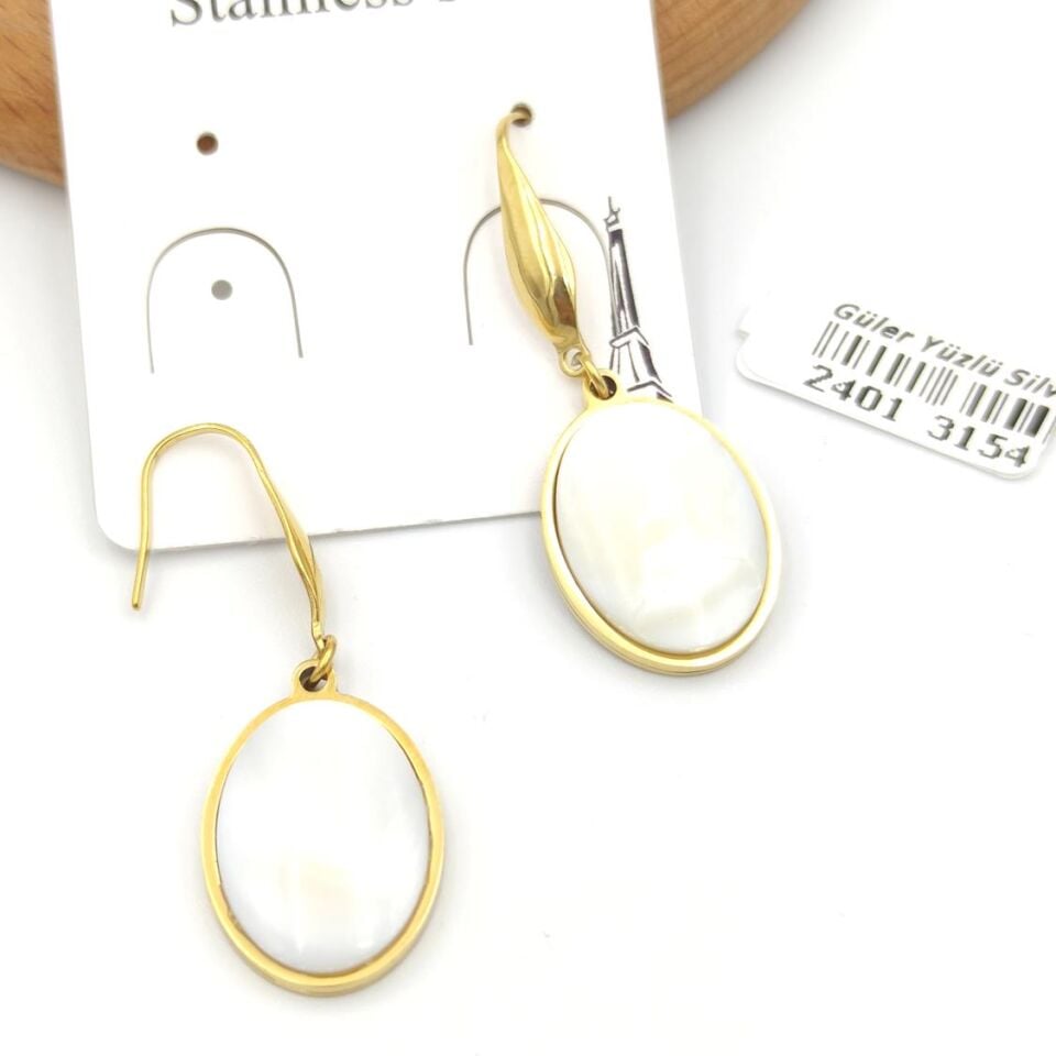 ÇELİK OVAL BEYAZ TAŞLI SALLANTILI KÜPE
