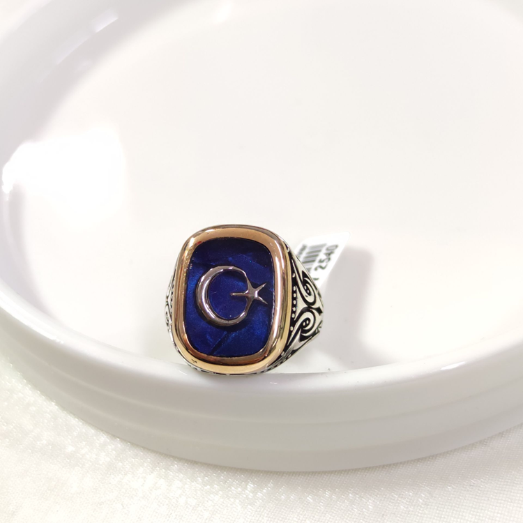 MAVİ DETAY AY YILDIZ GÜMÜŞ ERKEK YÜZÜK